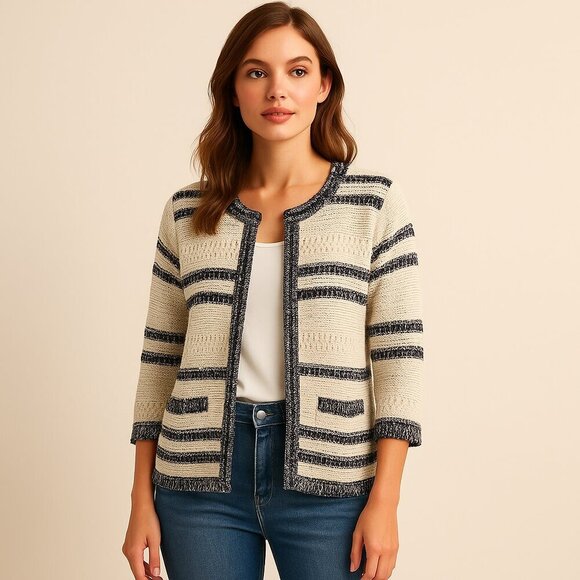 Effortless Coastal Chic Reitmans Striped Knit Cardigan Open Front Minimalist - Picture 1 of 12